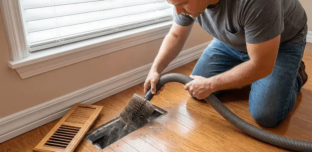 Air duct cleaning technician vacuuming a floor vent and duct opening in Scottsdale, AZ