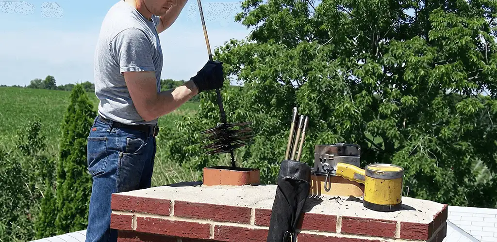 Chimney cleaning technician working on a rooftop chimney with professional tools in Scottsdale, AZ