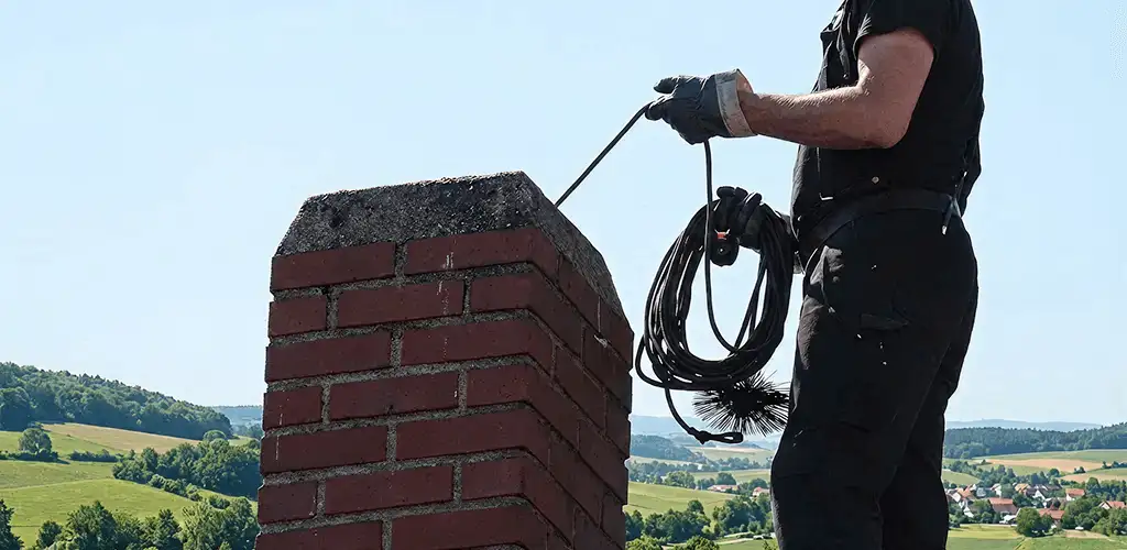 Chimney sweep inspecting and cleaning a rooftop chimney in Scottsdale, AZ