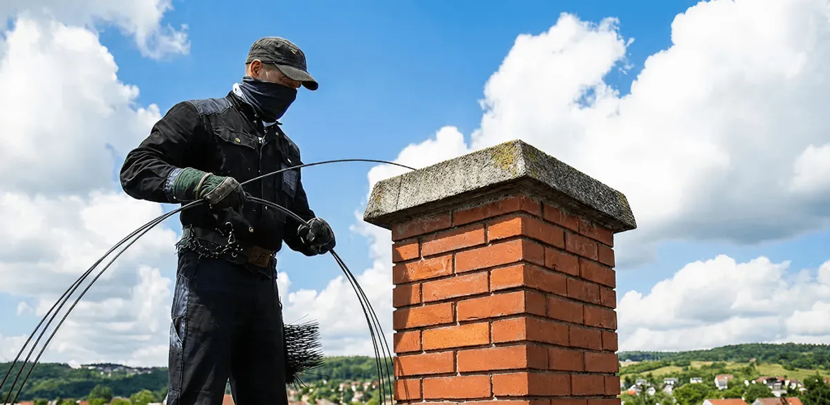 Chimney sweep cleaning a brick chimney with professional tools in Scottsdale, AZ