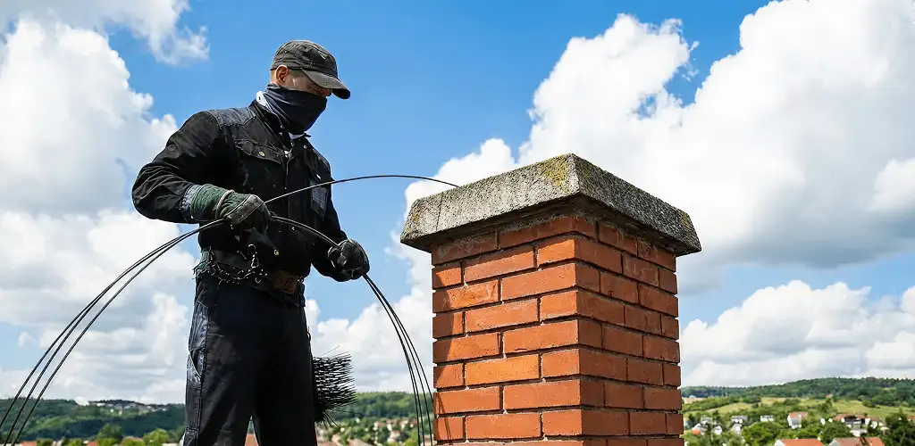 Chimney sweep cleaning a brick chimney with professional tools in Scottsdale, AZ