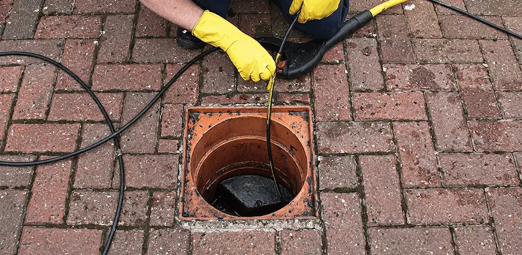 Drain cleaning technician using a drain snake to clear a clogged drain in Scottsdale, AZ