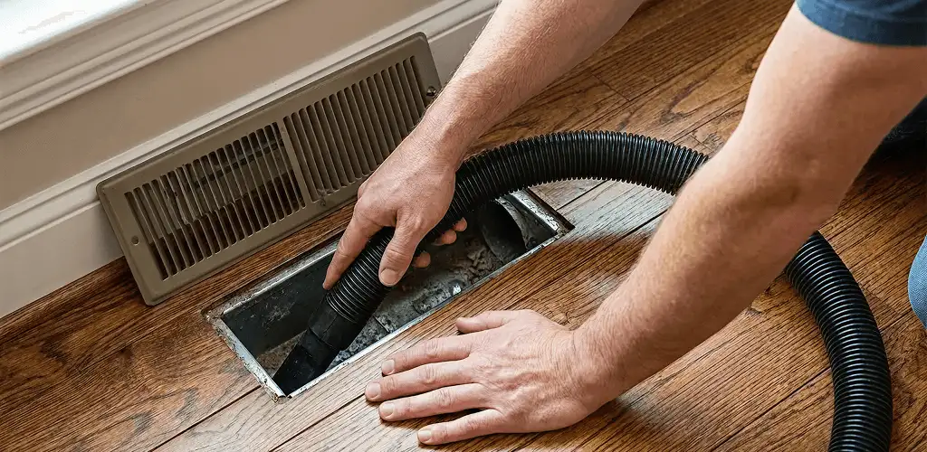 Air duct cleaning technician vacuuming a floor register and duct opening in Scottsdale, AZ