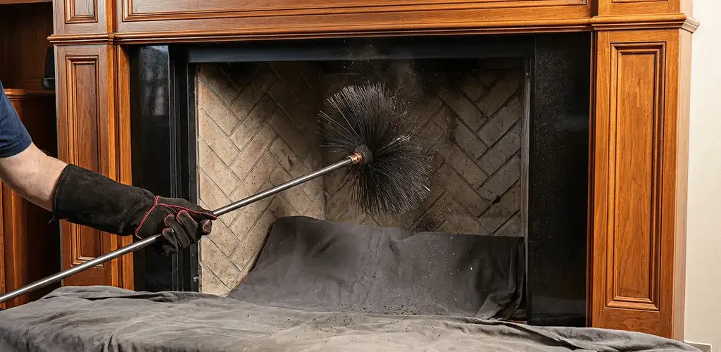 Chimney cleaning service brushing soot from a fireplace and flue in Scottsdale, AZ