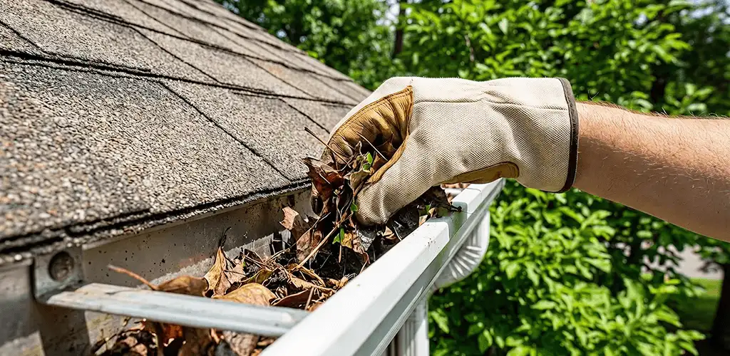 Gutter cleaning removing leaves and debris from roof gutters in Scottsdale, AZ