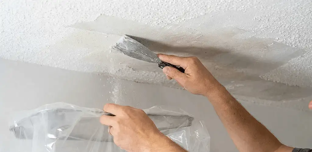 Popcorn ceiling removal technician scraping texture from a ceiling in Scottsdale, AZ