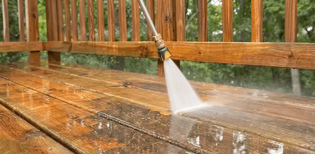 Pressure washing a wood deck to remove dirt and buildup in Scottsdale, AZ