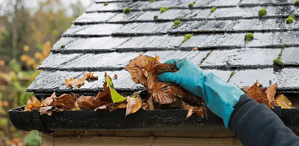 Gutter cleaning technician clearing wet leaves from roof gutters in Scottsdale, AZ