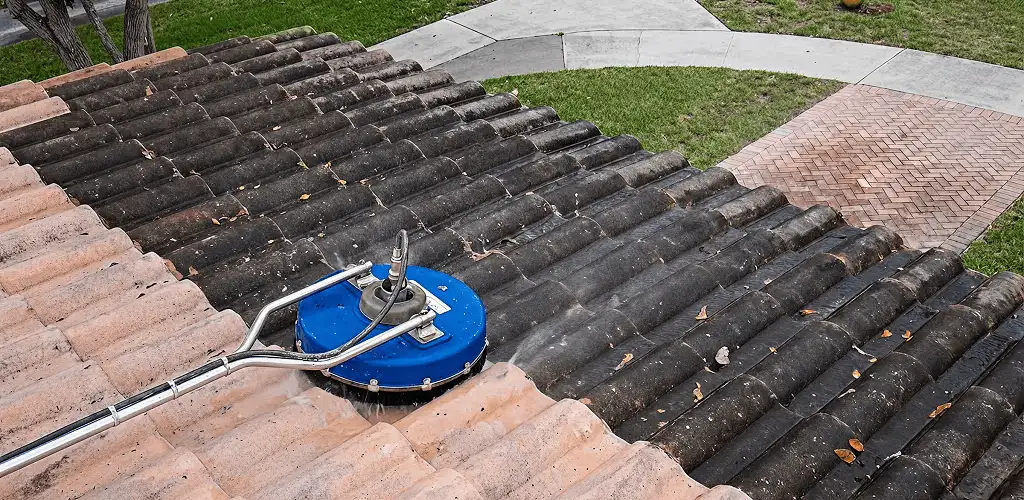 Roof pressure cleaning removing debris and buildup from roof tiles in Scottsdale, AZ