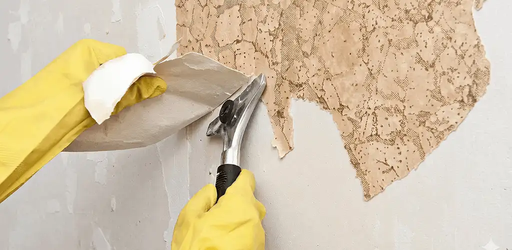 Wallpaper removal service stripping old wallpaper from a wall in Scottsdale, AZ